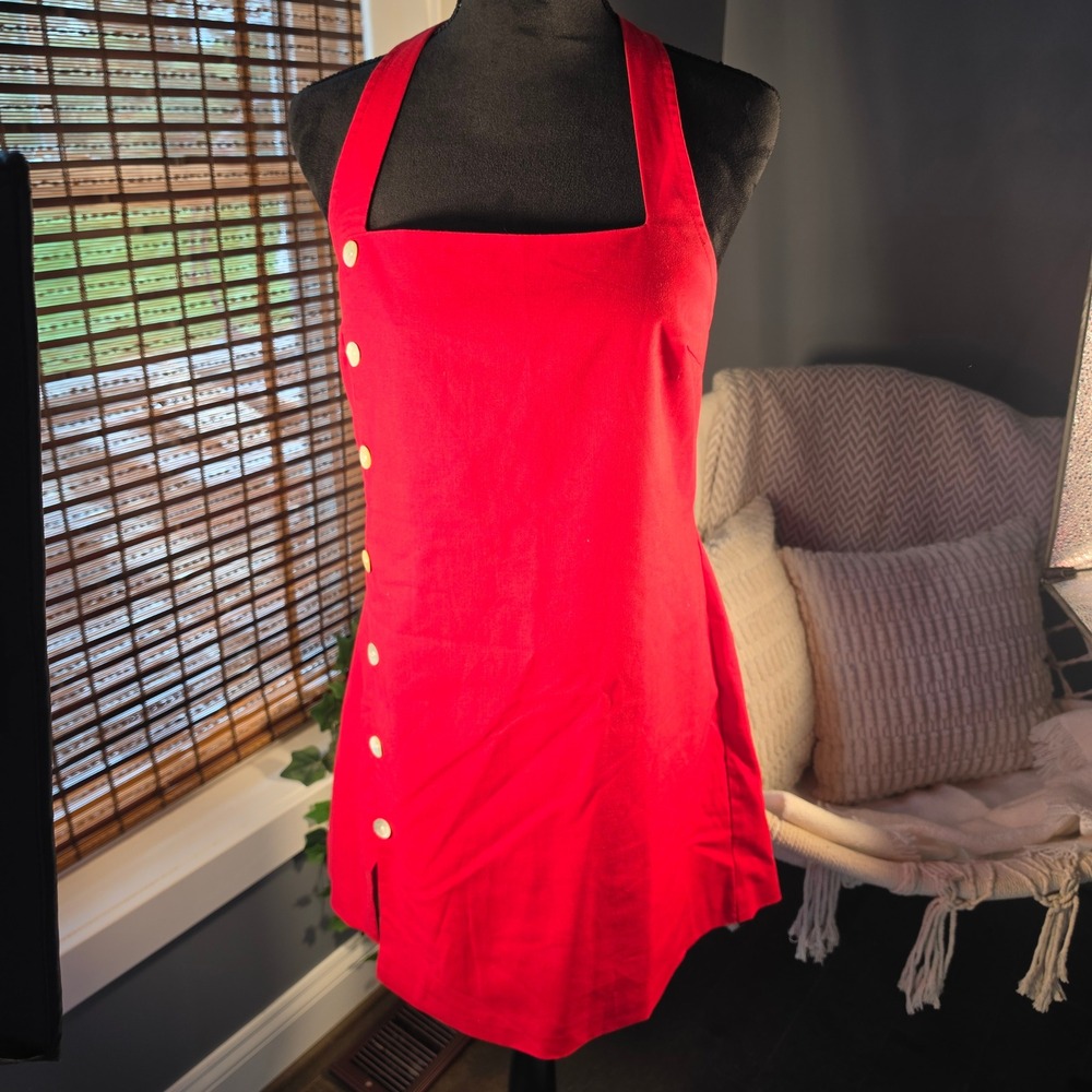 Cider Red Halter Mini Dress Linen Blend Smocked Back Side Buttons Size L